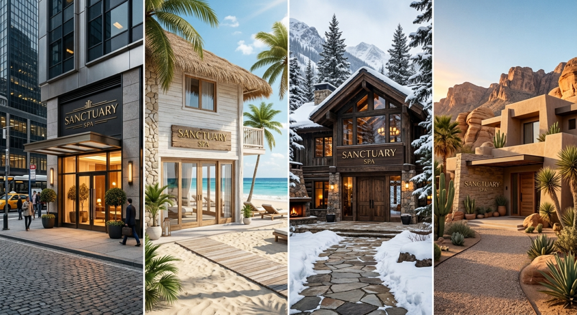 4 high end spa exteriors in the city, at the beach, in the mountains and in the desert