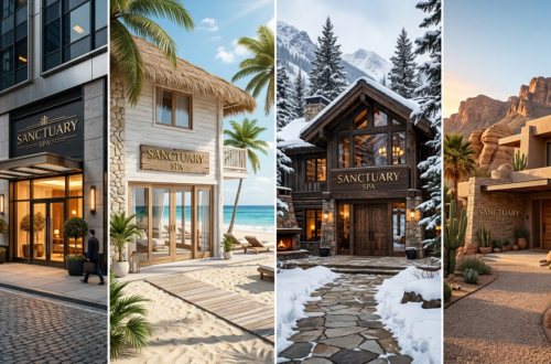4 high end spa exteriors in the city, at the beach, in the mountains and in the desert