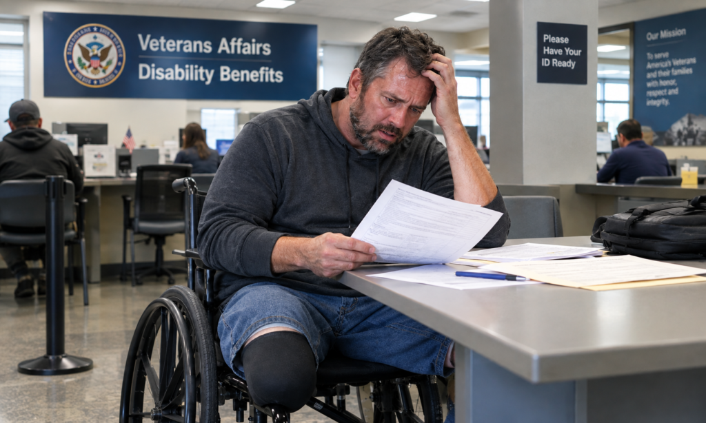 Male amputee in a wheelchair in the disability office confused by the forms he needs to fill out to get benefits.
