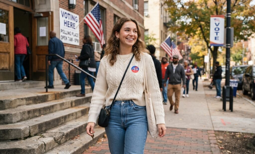 A smiling college age woman walking out of a polling place with an "I Voted" sticker on her sweater.