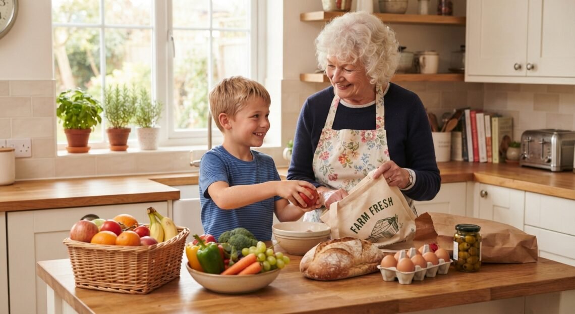 Grandma and grandson putting away groceries