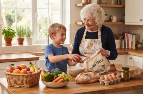 Grandma and grandson putting away groceries